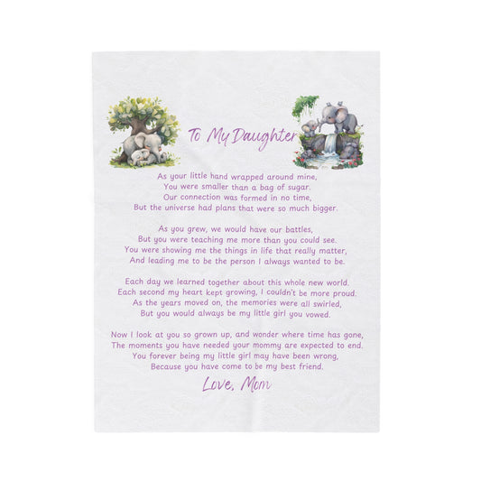 Elephant Velveteen Plush Blanket - To My Daughter, Love Mom, Extra Soft, Gift for Daughter, Mother Daughter Gift, Cozy Throw Blanket,